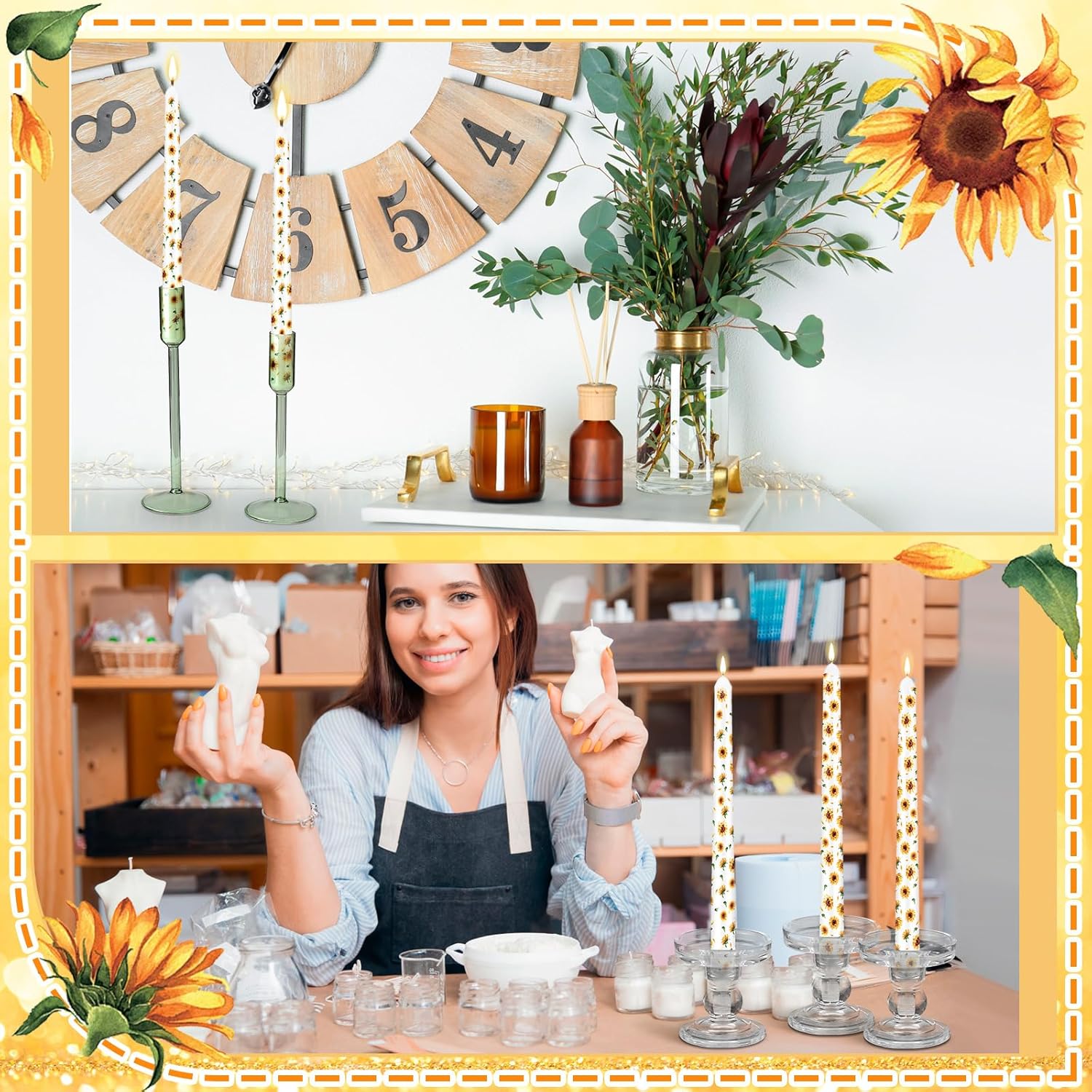 12 Pcs Taper Candles with Sunflower Design for Christmas Celebrations
