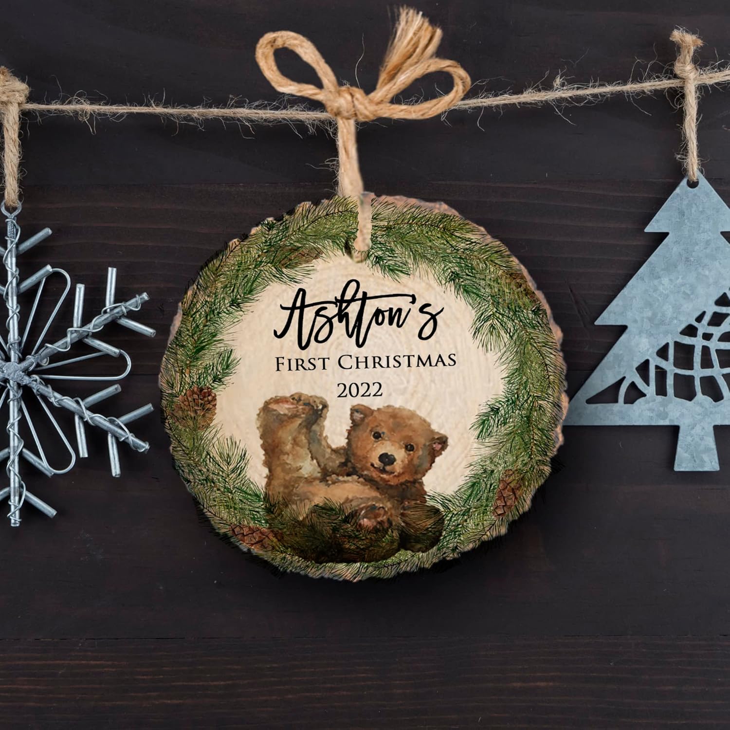 Babys First Christmas Ornament 2022 Natural Wood Slice Wreath