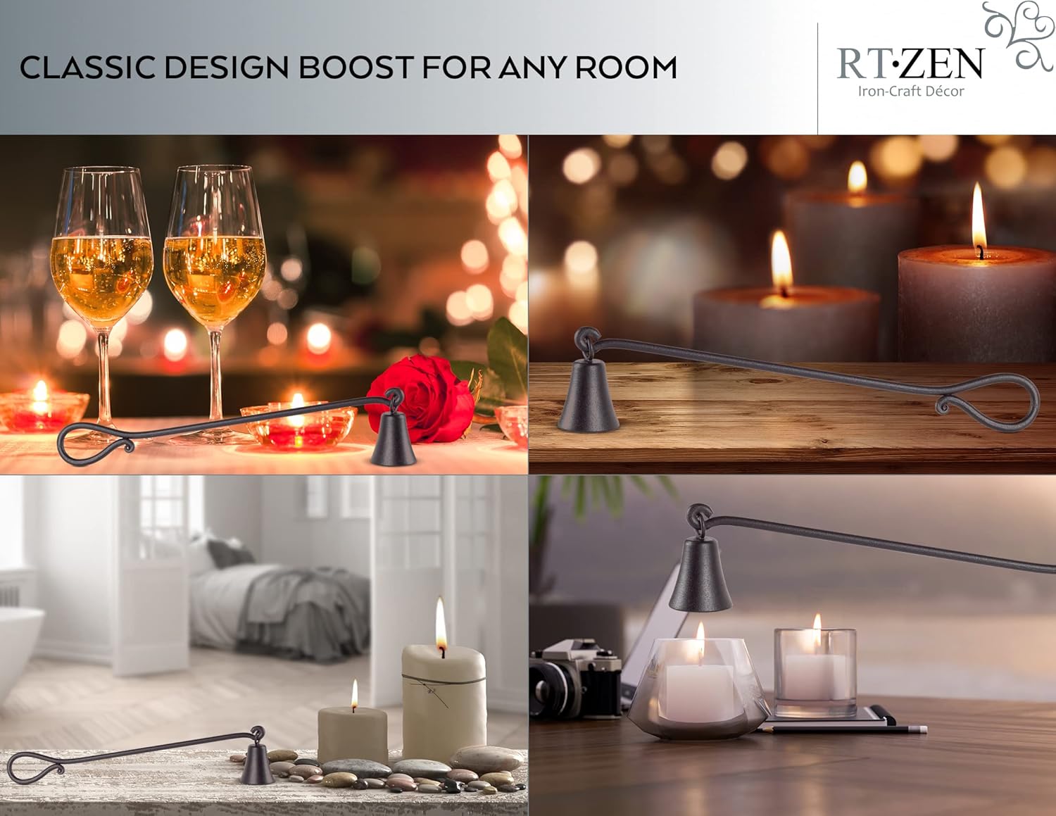 RTZEN Rustic Bell Candle Snuffer - Unique Black Matte Wrought Iron