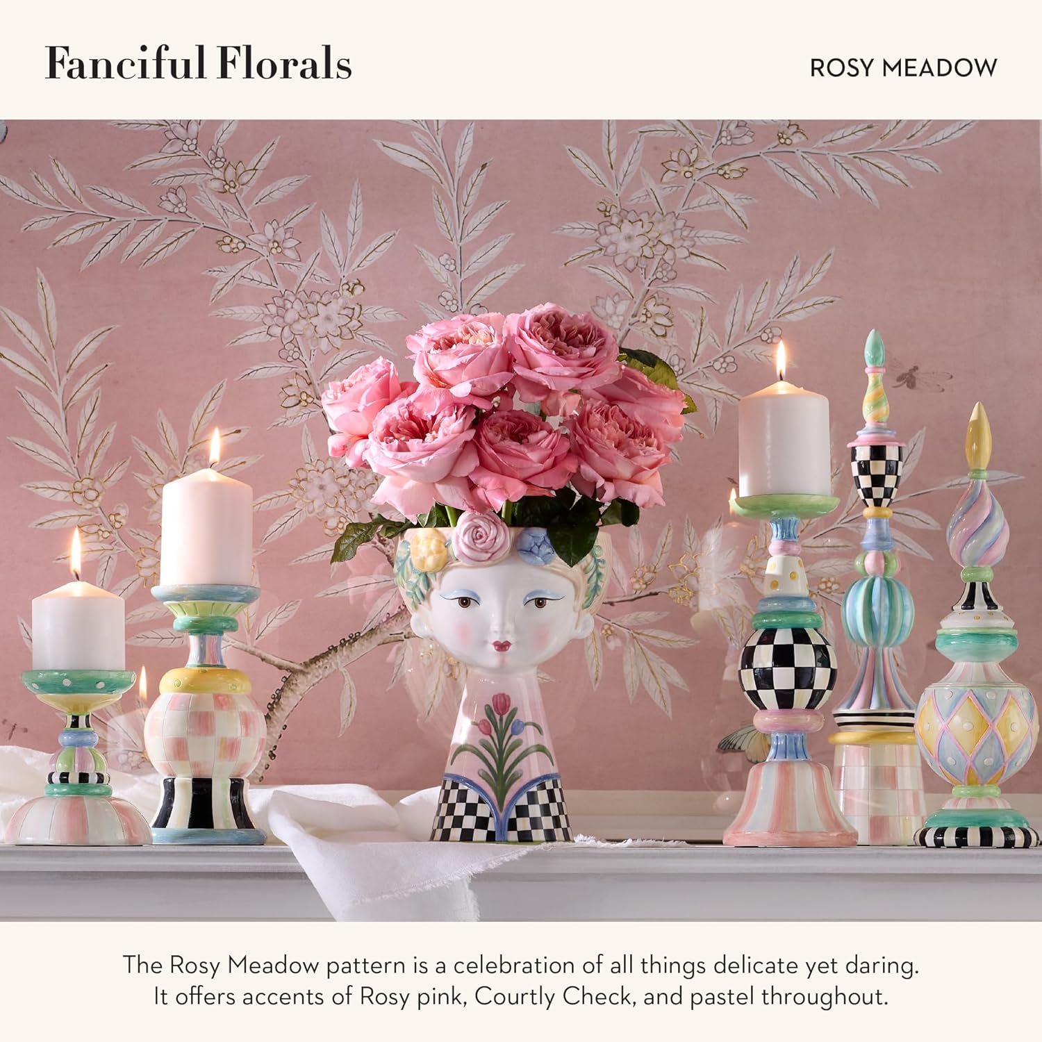 MACKENZIE-CHILDS Set of 2 Rosy Meadow Lady Ceramic Candle Holders