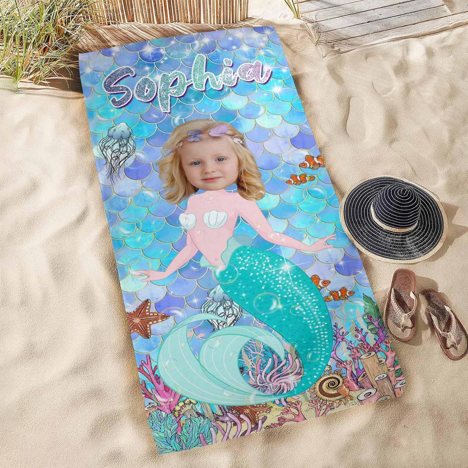 Personalized Mermaid Beach Towels for Kids Custom Name and Photo