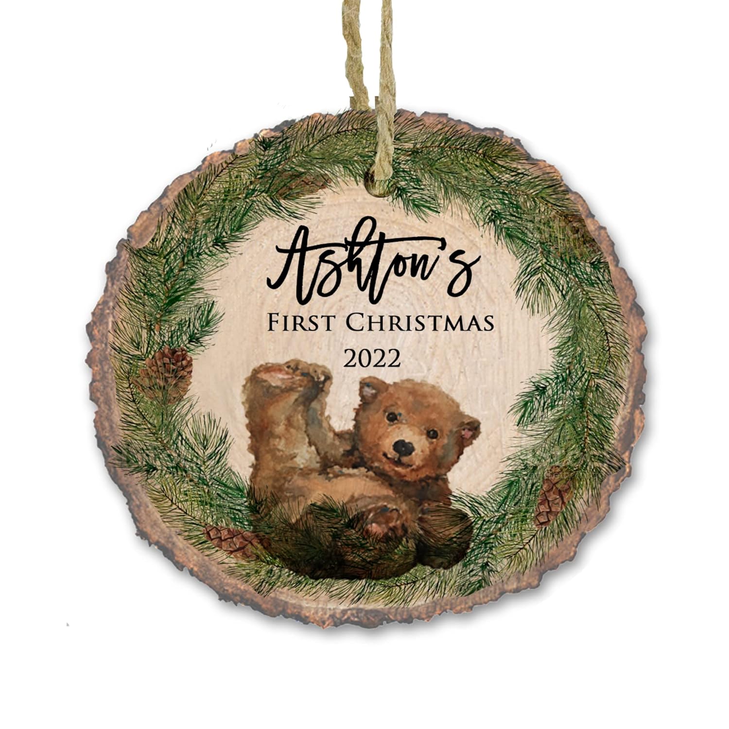 Babys First Christmas Ornament 2022 Natural Wood Slice Wreath