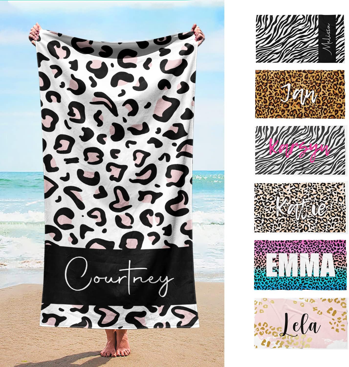 Custom Beach Towel - Leopard Print Cotton Poly Blend 30x60 Inch Personalized Name Initials