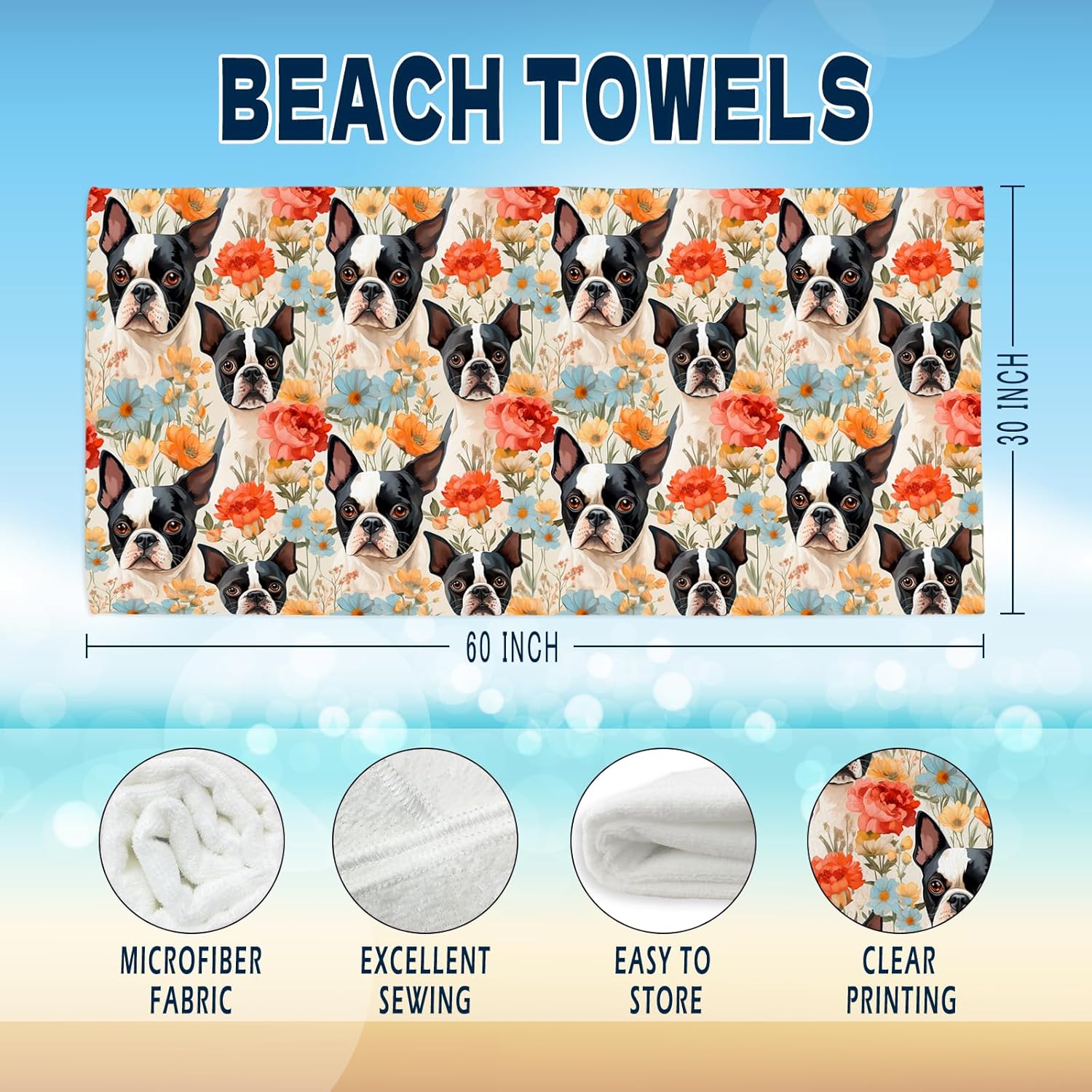 Cute French Bulldog Beach Towel - 60x30 Inches Microfiber 1