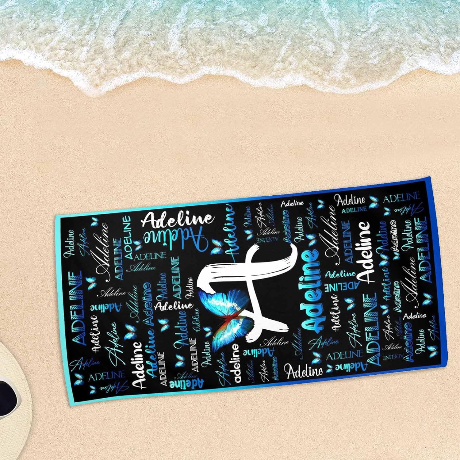 Artsadd Personalized Blue Butterfly Beach Towel with Initials
