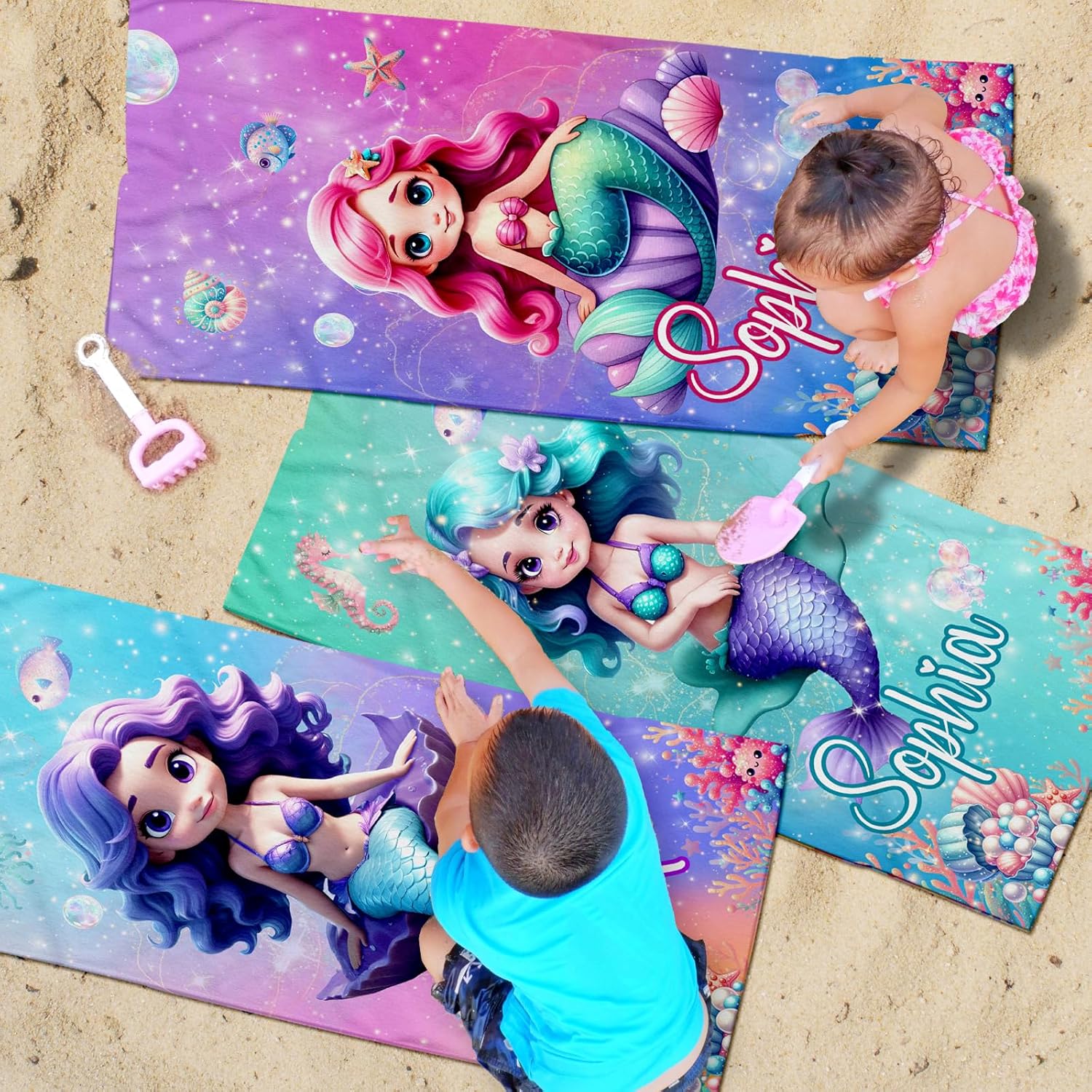 Personalized Kids Beach Towels with Names - Mermaid Design