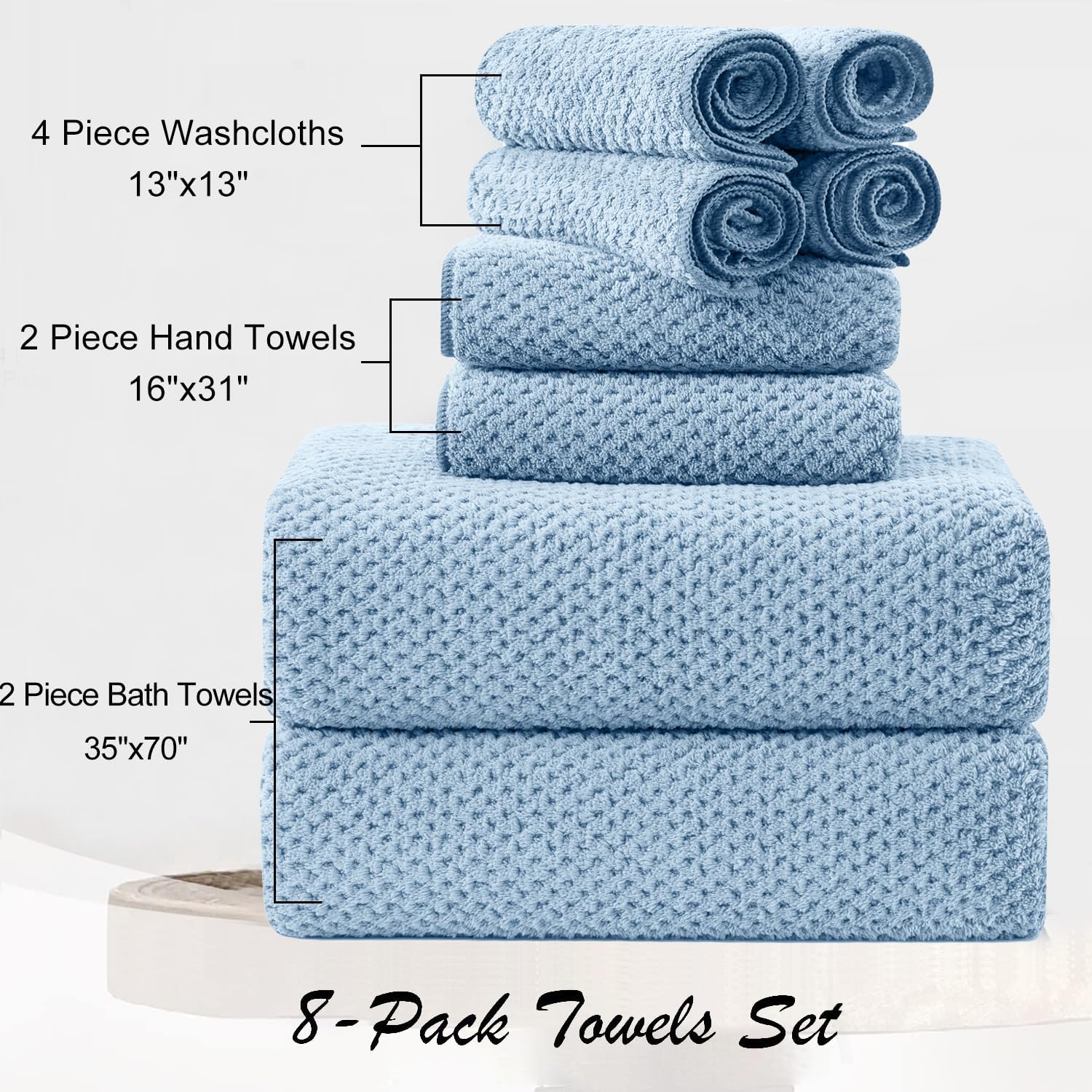 8 Piece Blue Family Towel Set - Large Bath Towels Hand Towels Washcloths