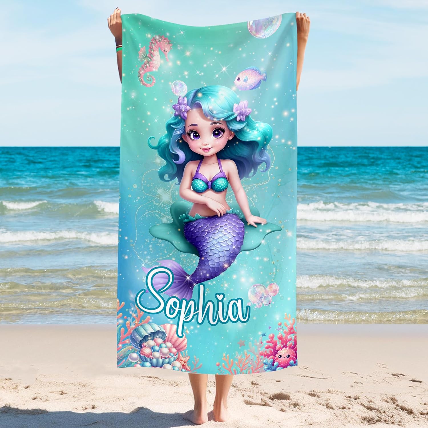 Personalized Kids Beach Towels with Names - Mermaid Design