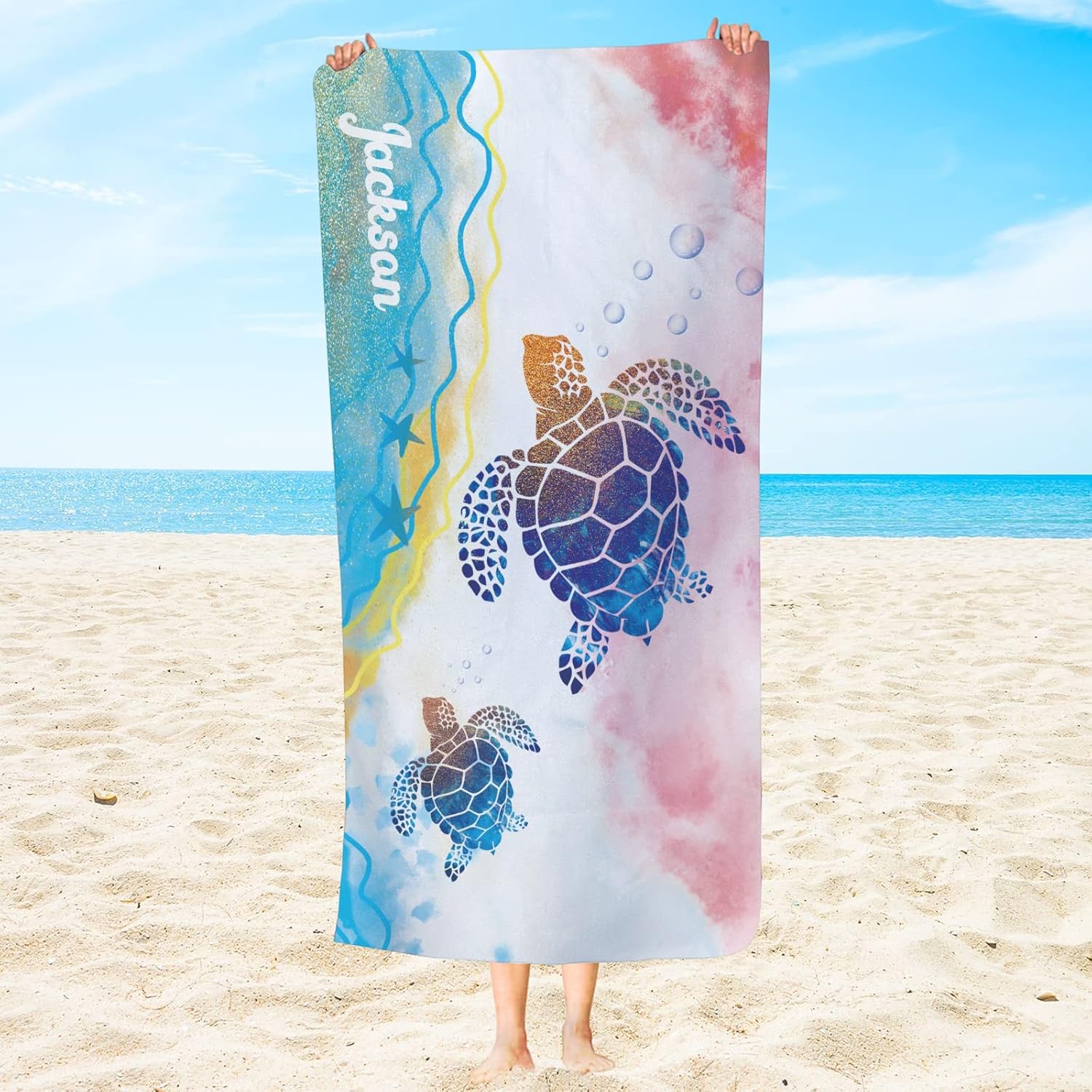 Personalized Sea Turtle Beach Towel with Name 1