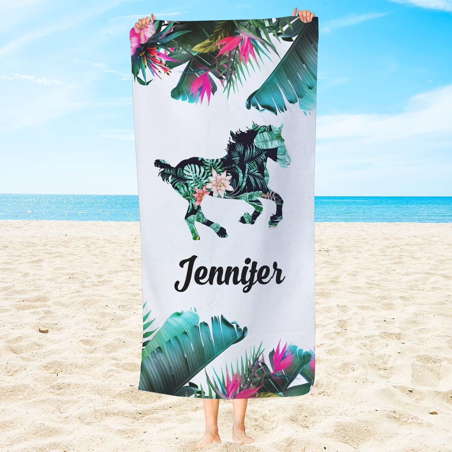 Personalized Horse Beach Towel with Name and Flowers