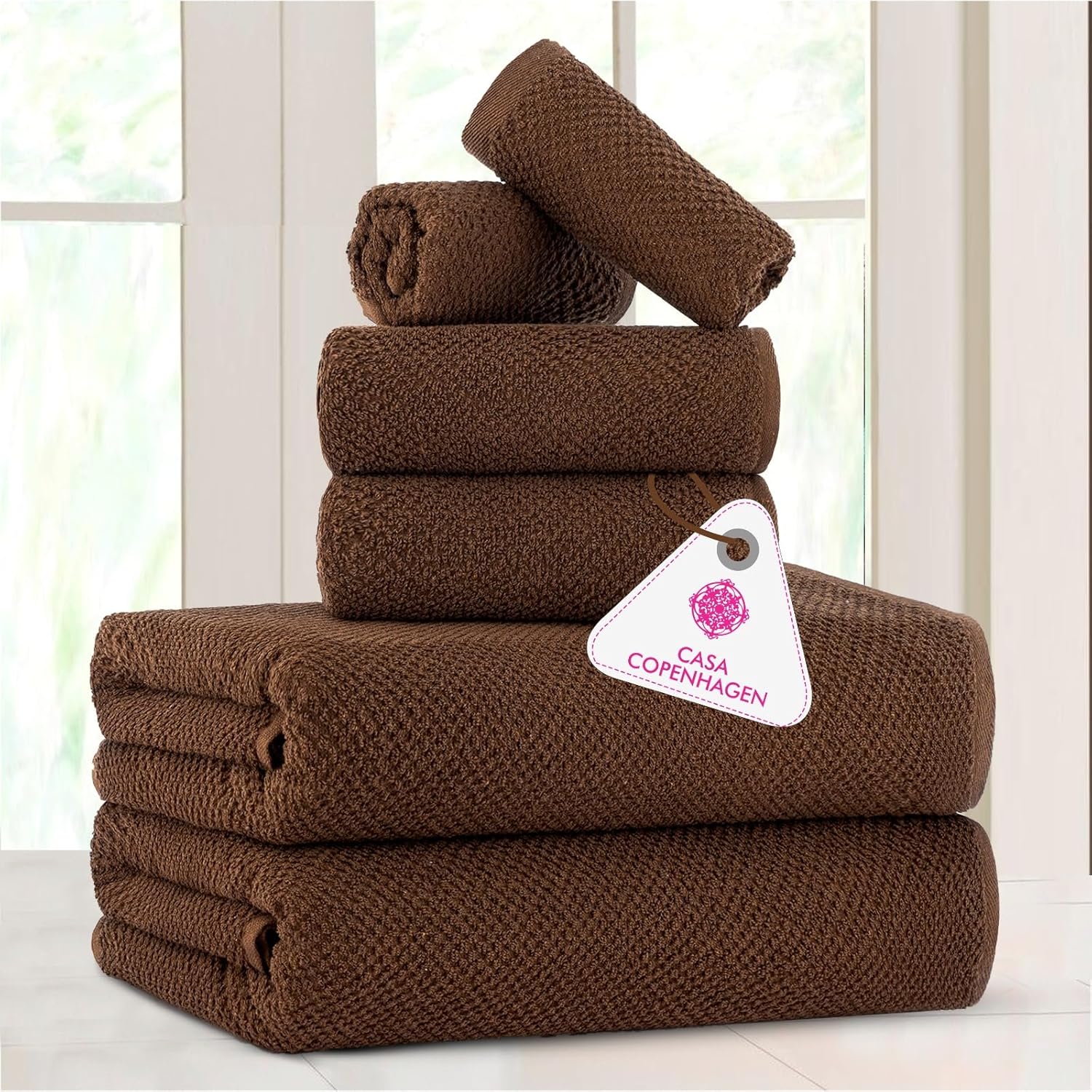 CASA COPENHAGEN Popcorn Textured 6-Piece Towel Set - Toffee Brown