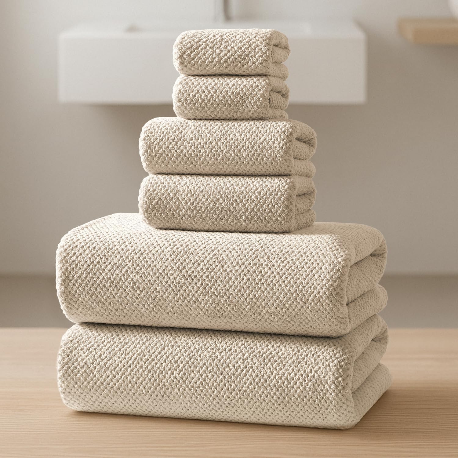 REDKISS 6-Piece Bath Towel Set - Camel Ultra-Fiber No Lint