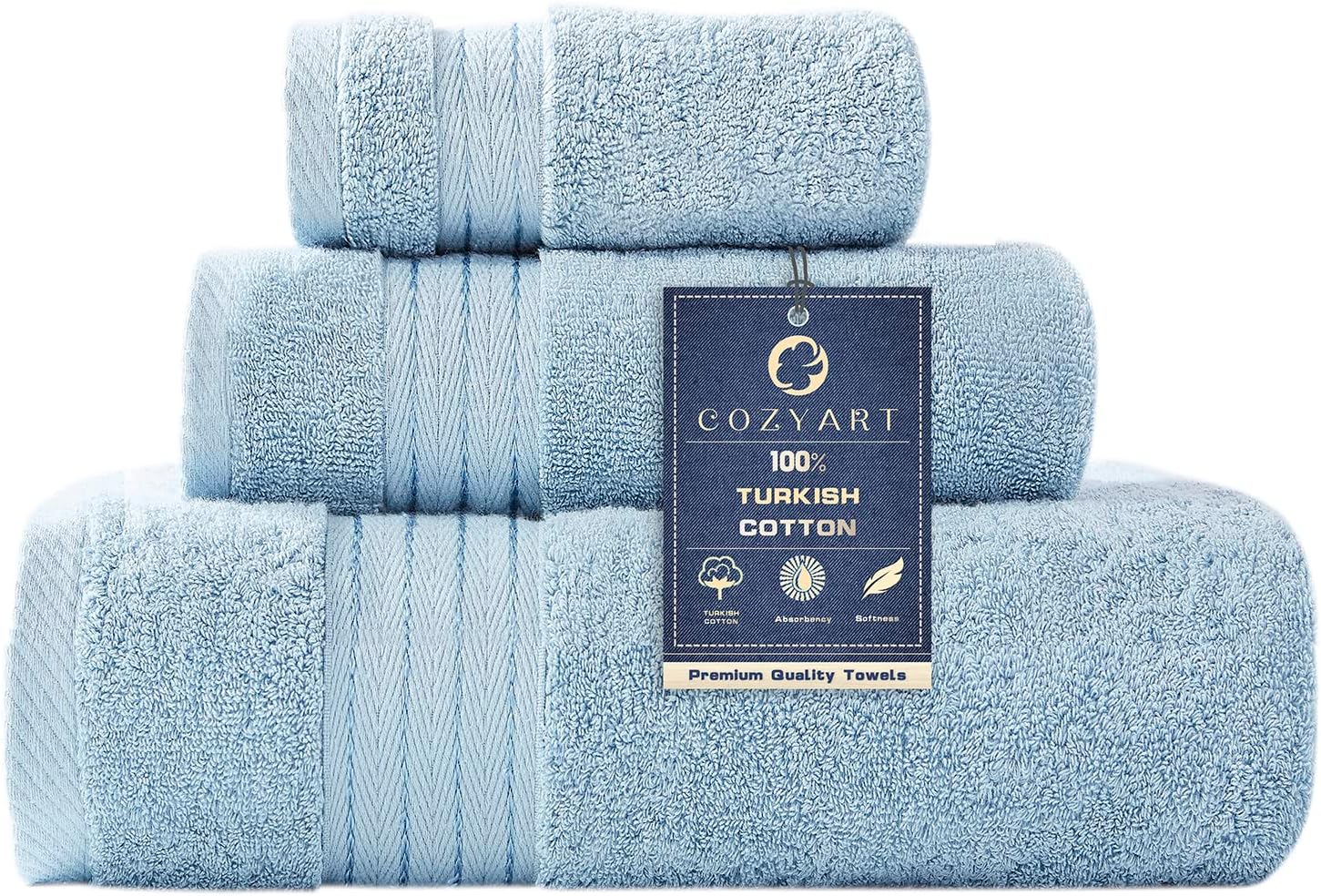 COZYART 3Pcs Light Blue Turkish Cotton Towel Set