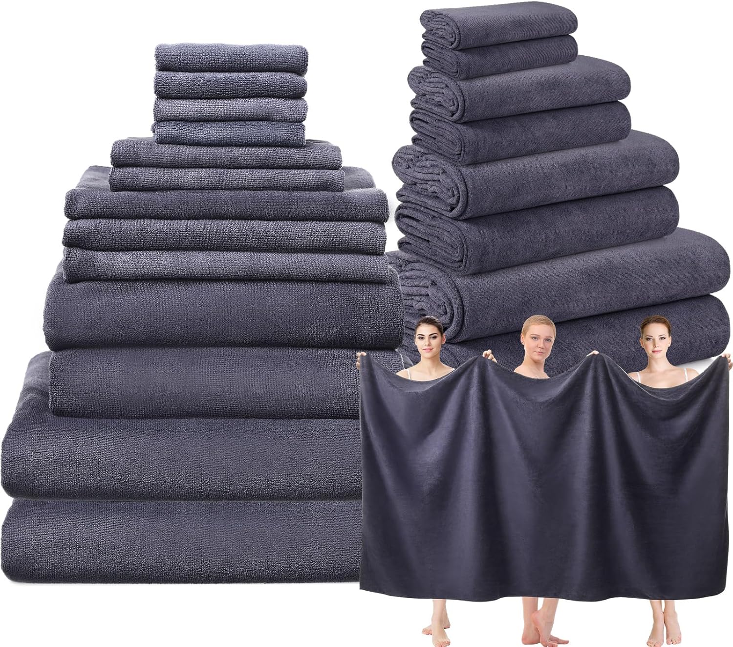 Mixweer 24-Piece Bath Towel Set Dark Grey Microfiber