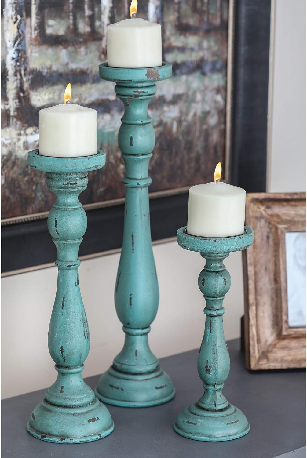 Wood Teal Candle Holders Set of 3 Blue Green