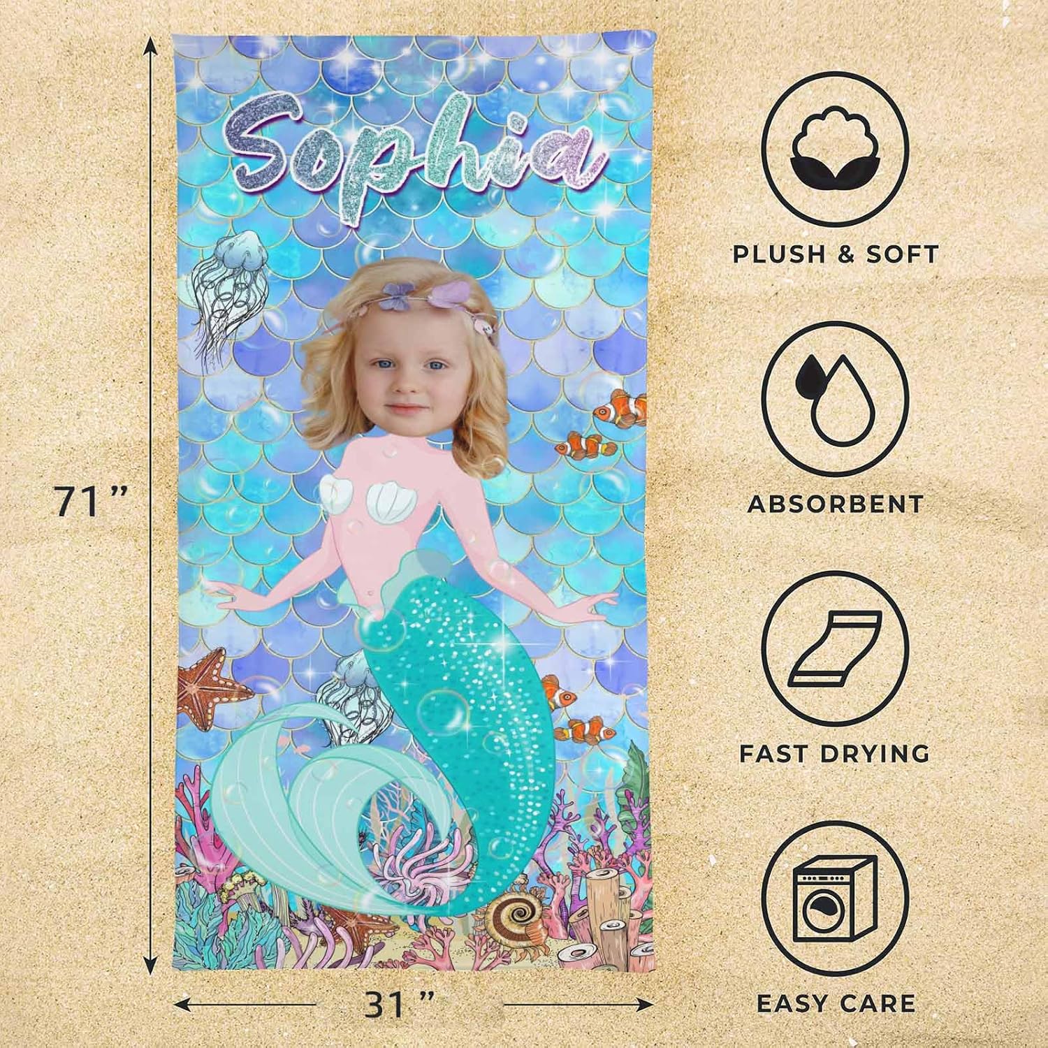 Personalized Mermaid Beach Towels for Kids Custom Name and Photo