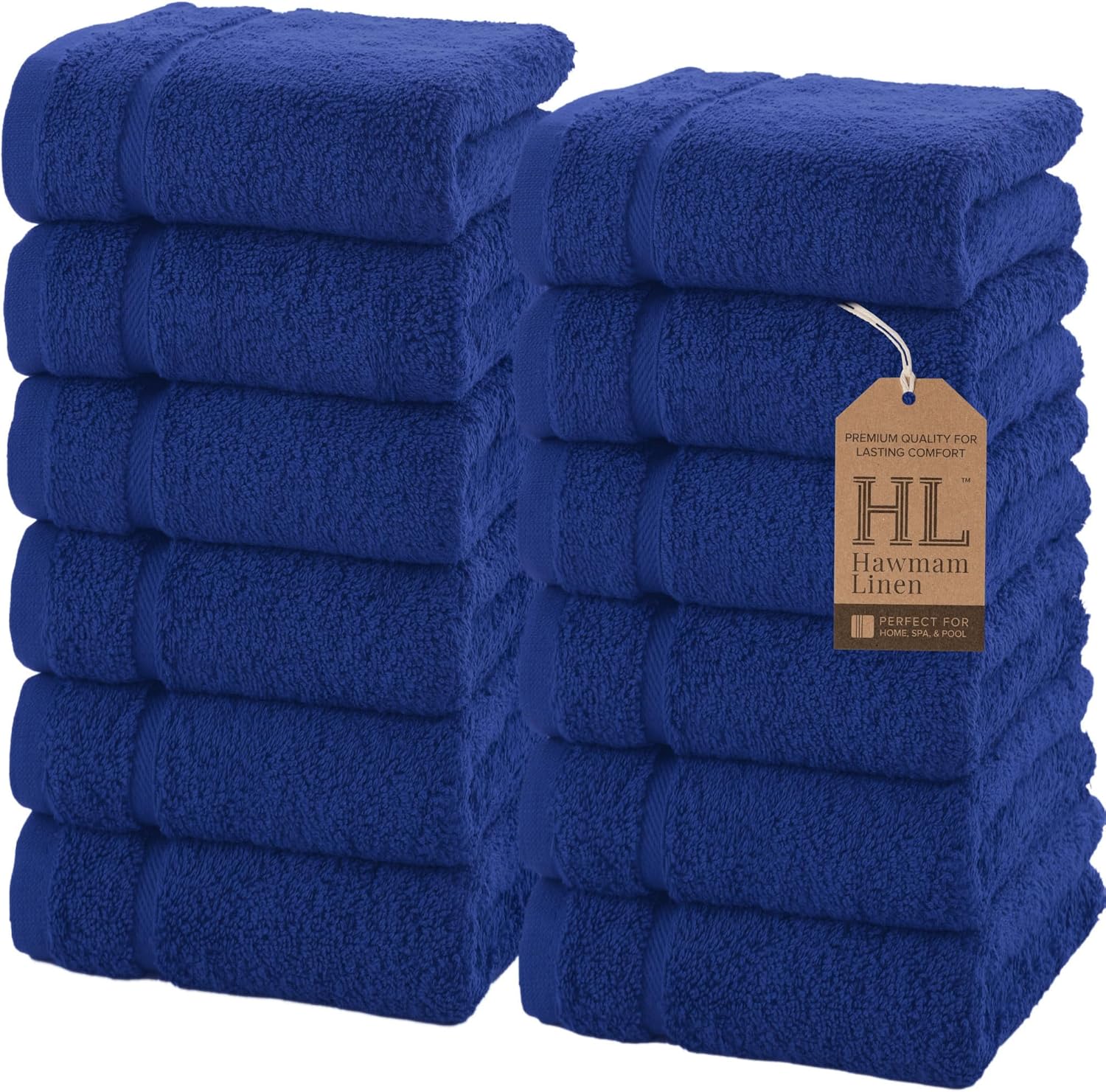 Hawmam Linen Royal Blue Washcloths 13x13 Inch 12 Pack