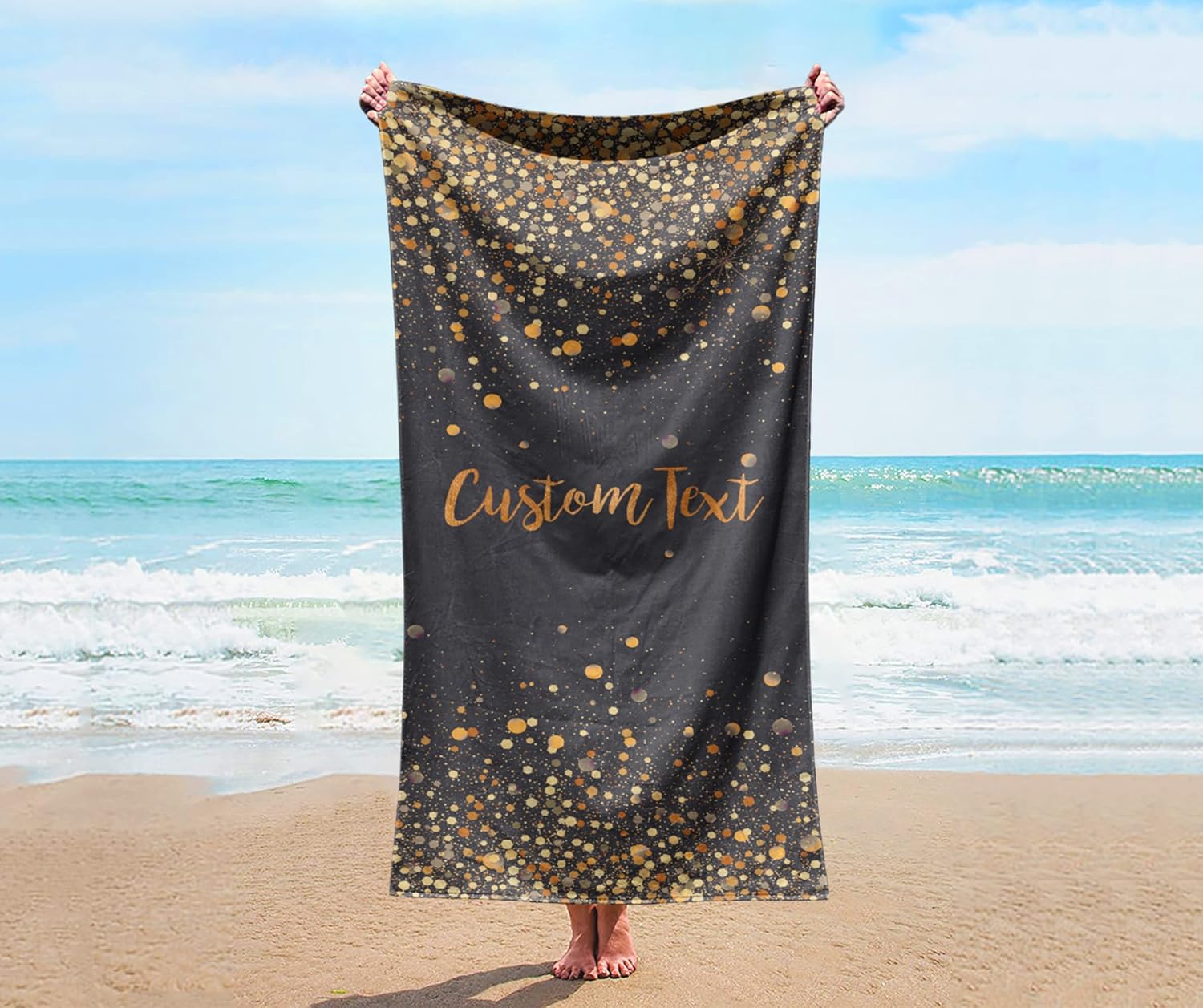 Custom Beach Towel - Glitter Gold Print with Name Initials