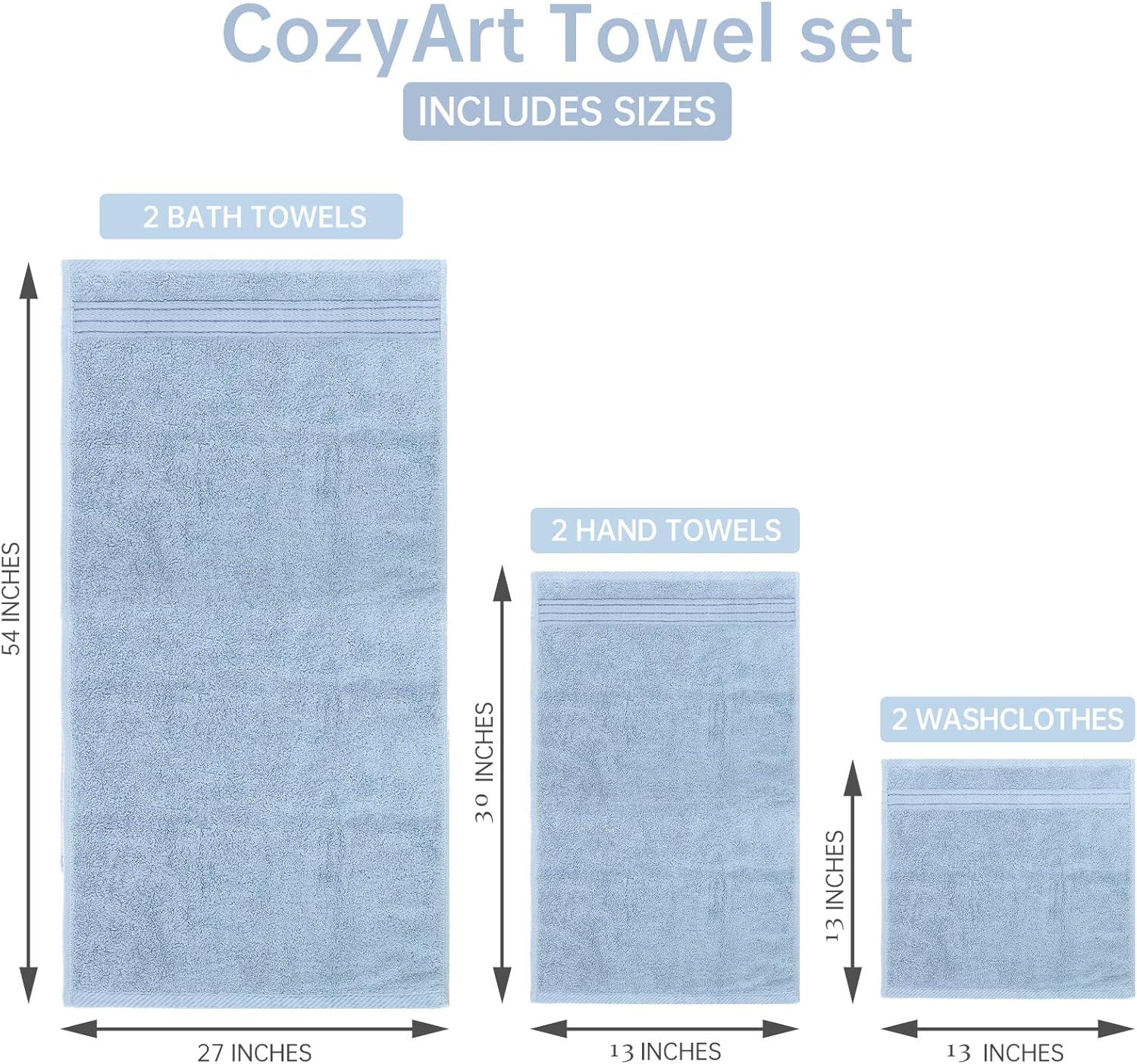 COZYART 3Pcs Light Blue Turkish Cotton Towel Set