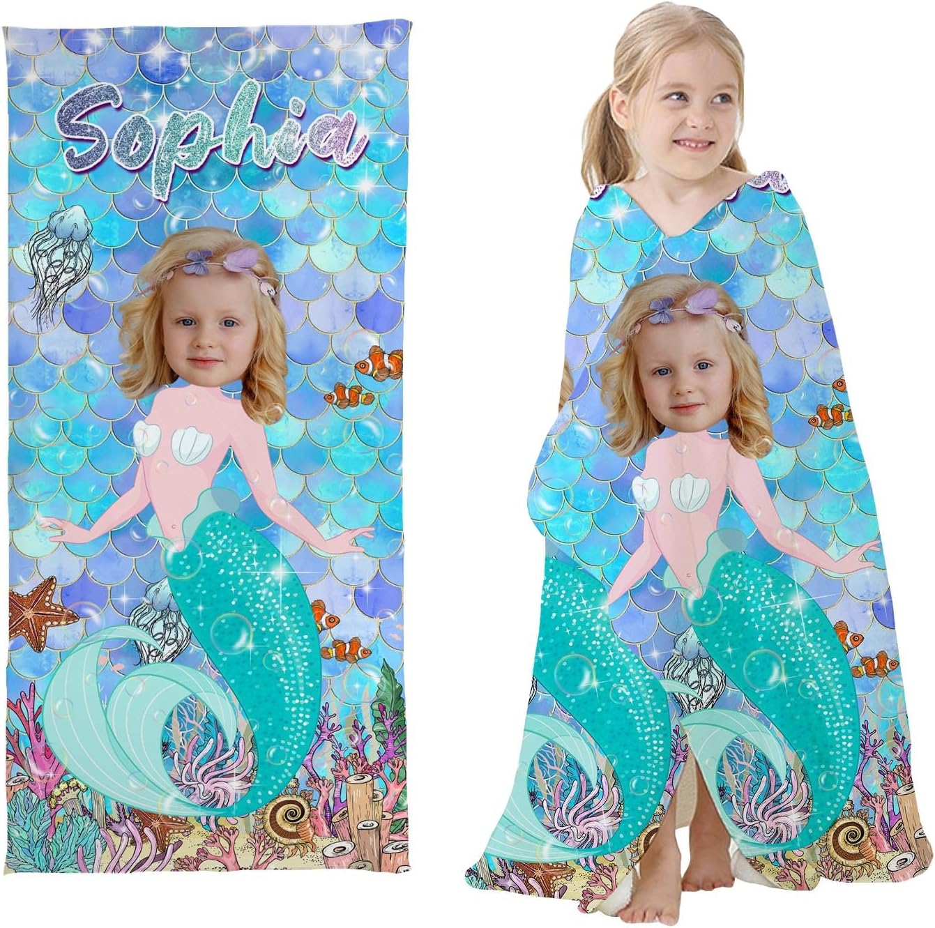 Personalized Mermaid Beach Towels for Kids Custom Name and Photo