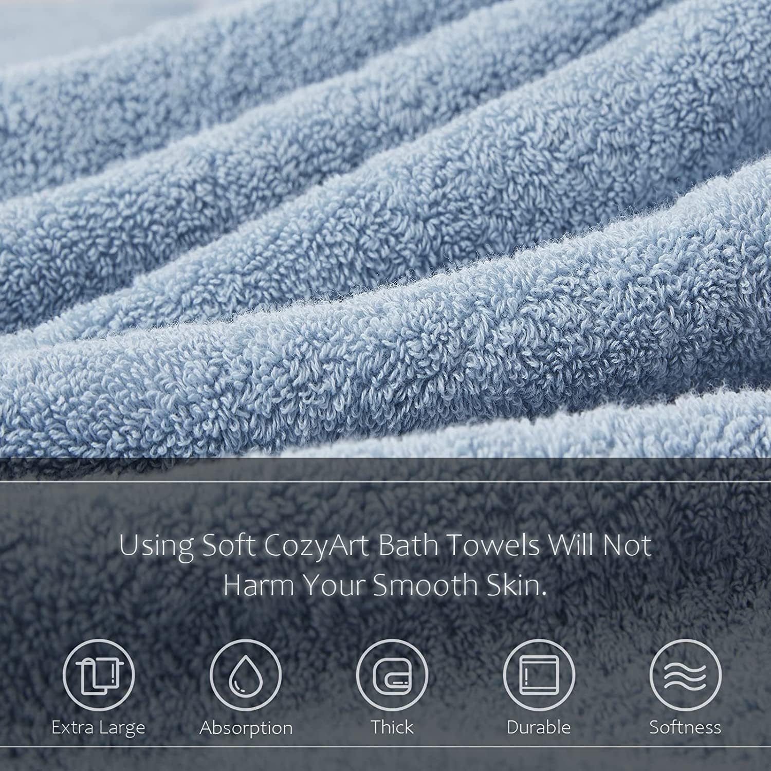 COZYART 3Pcs Light Blue Turkish Cotton Towel Set