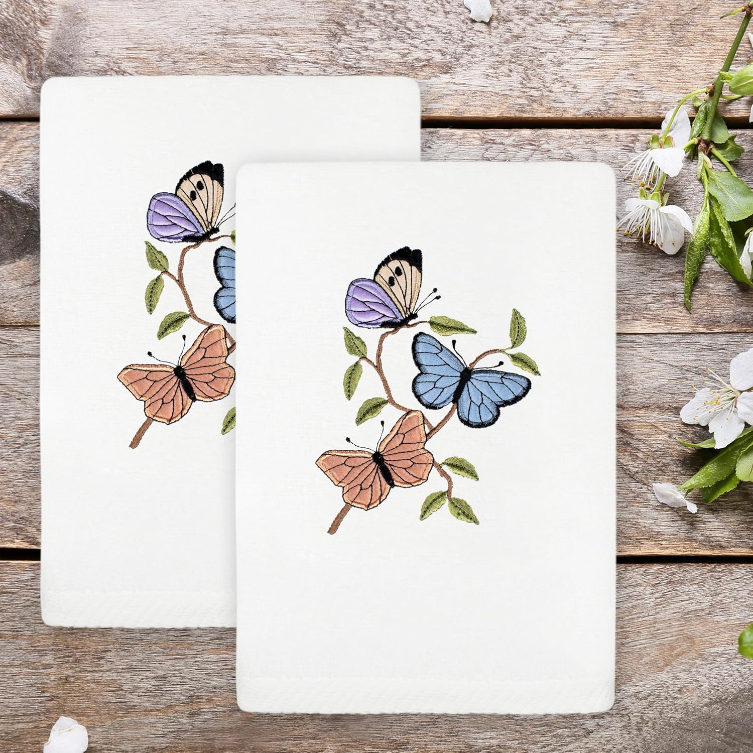 Spring Flurry 2-Piece Hand Towel Set White with Butterfly Applique