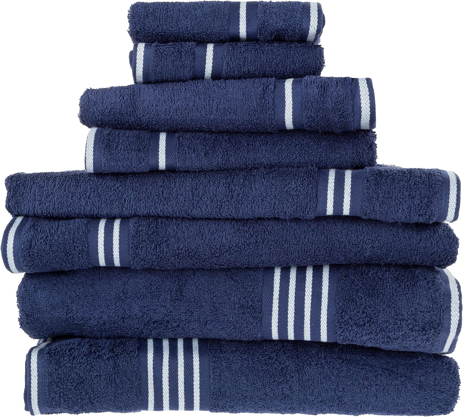 8-Piece Cotton Towel Set - Navy Blue with White Stripes