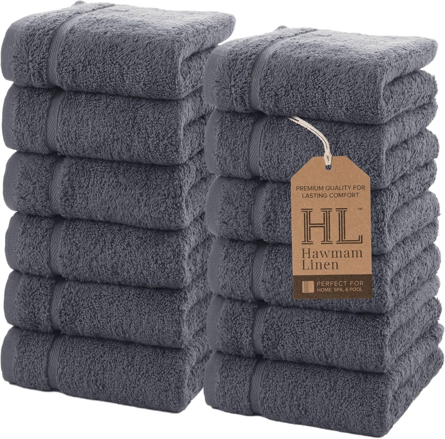 Hawmam Linen 13x13 Inch Face Towels 12 Pack Grey