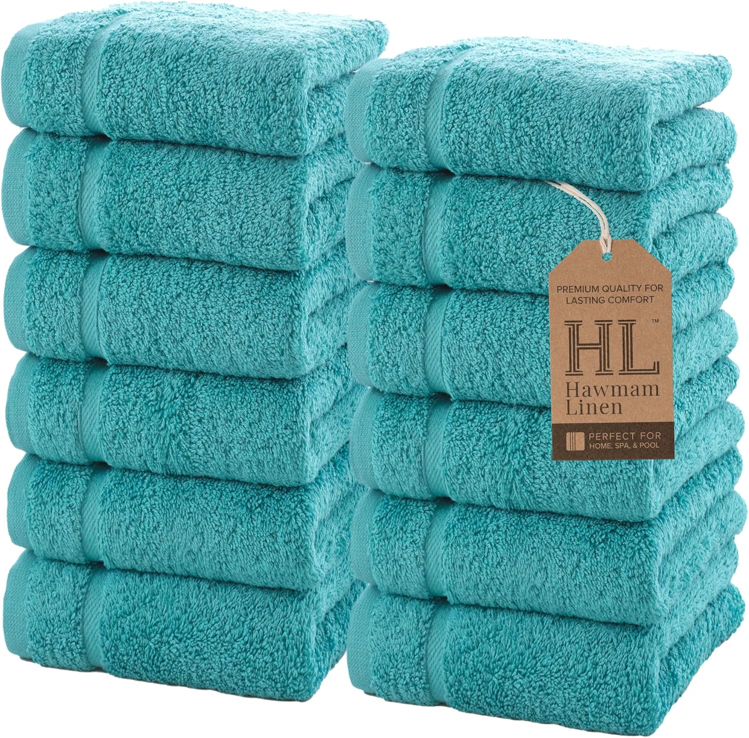 Hawmam Linen Teal Face Towels - 12 Pack 13x13 Inch Luxury Cotton