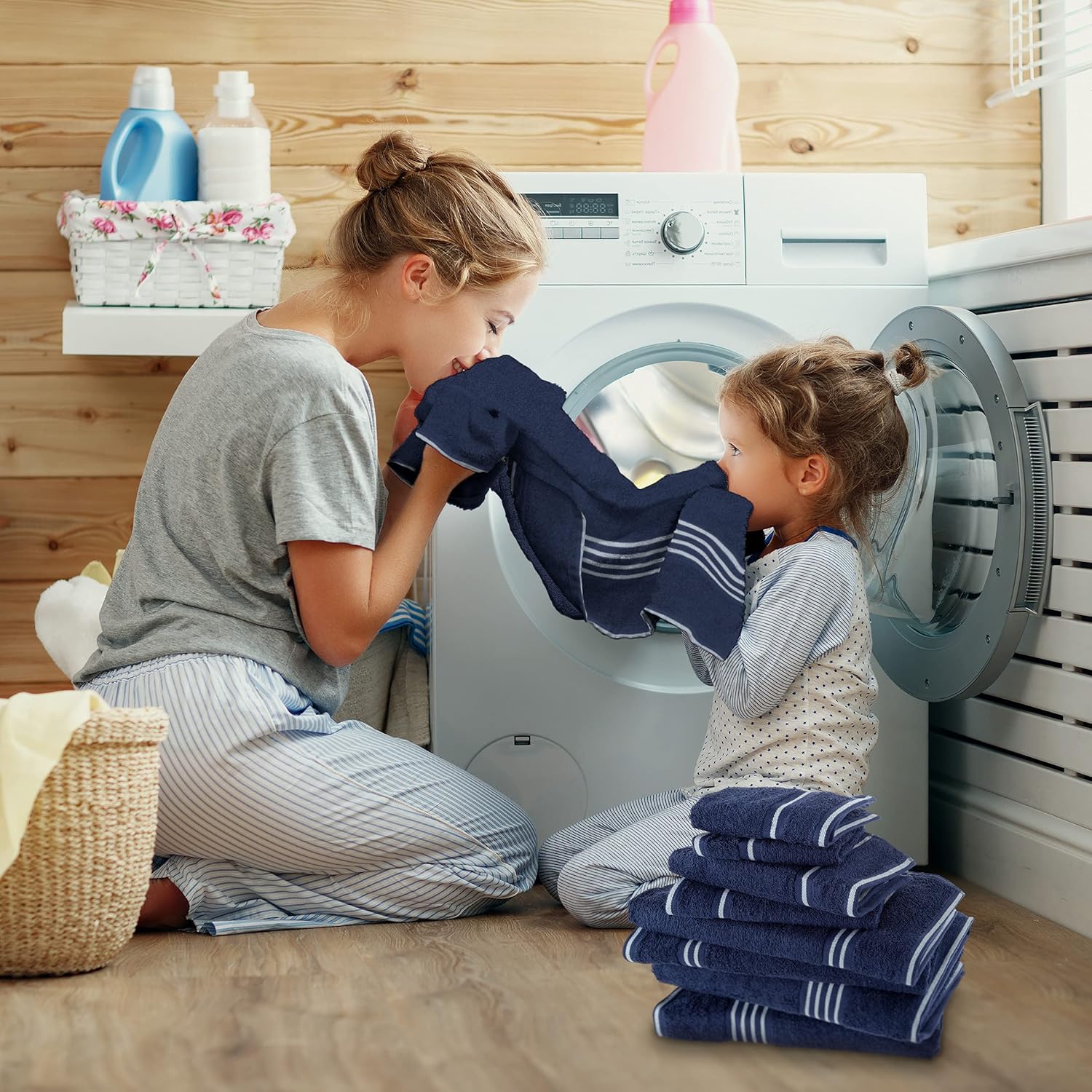 8-Piece Cotton Towel Set - Navy Blue with White Stripes
