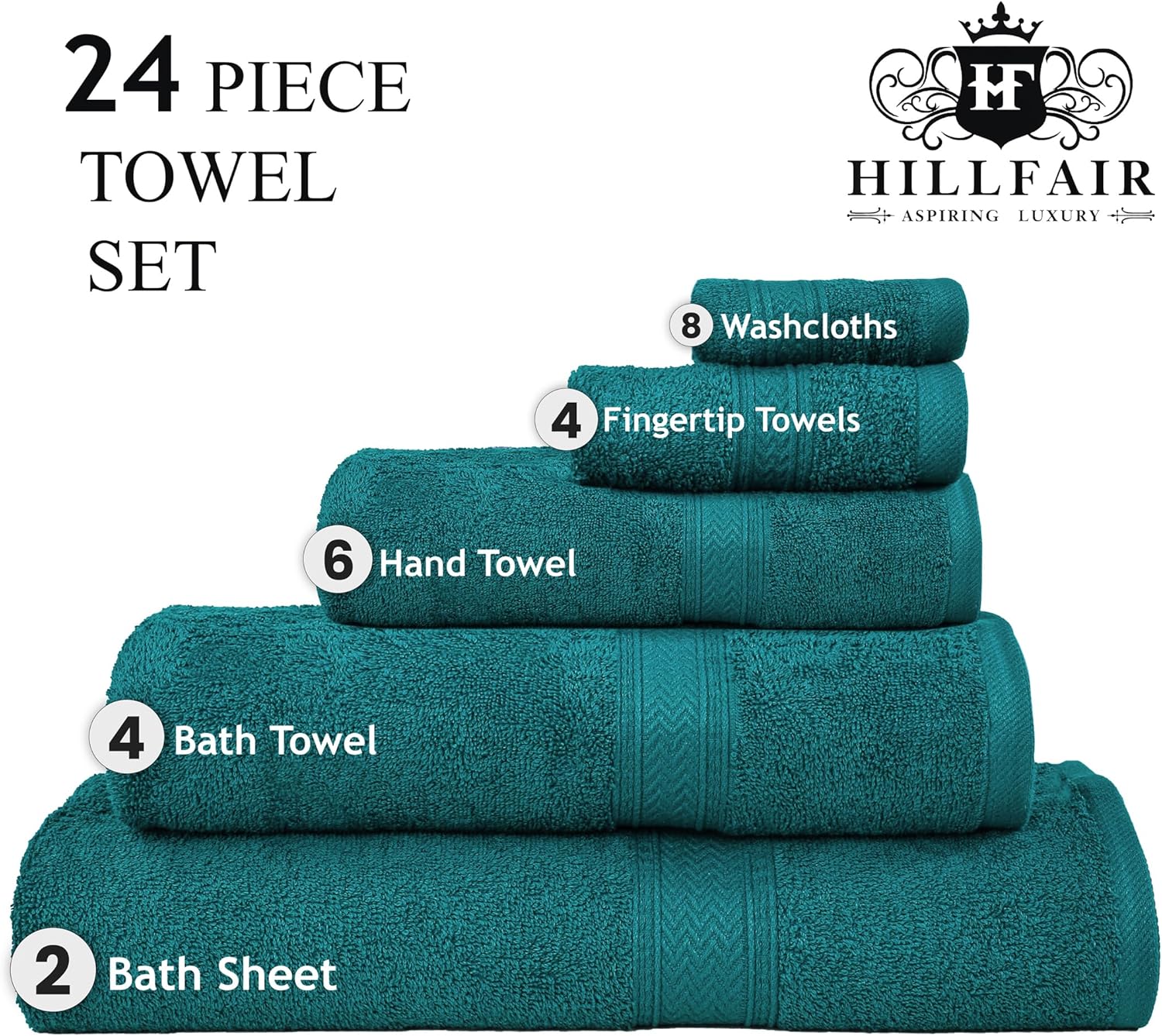 HILLFAIR 24 Pc Towel Set - 100 Cotton Teal