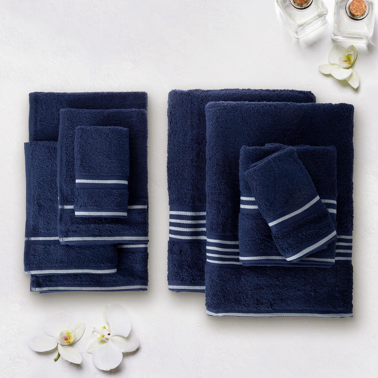 8-Piece Cotton Towel Set - Navy Blue with White Stripes