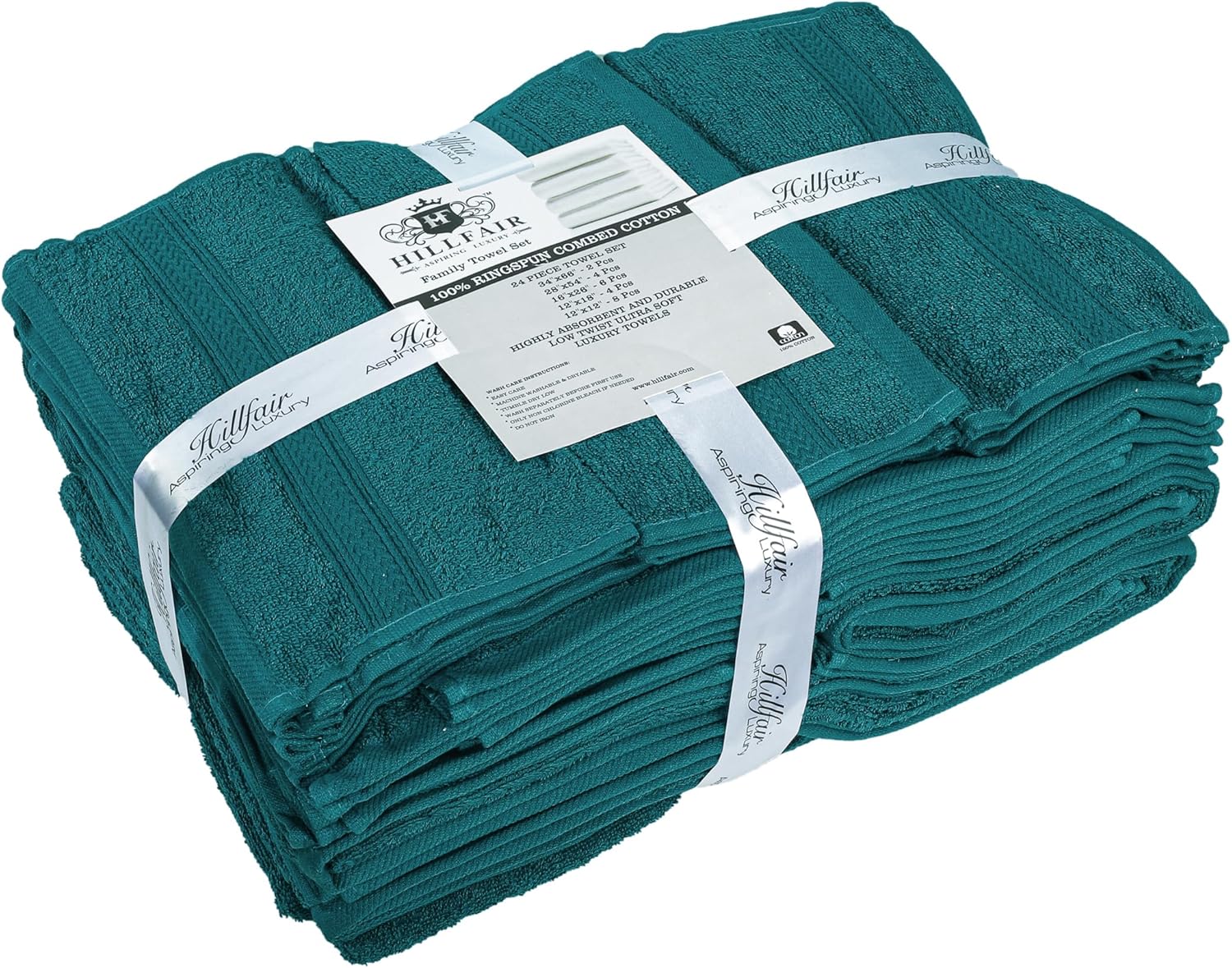 HILLFAIR 24 Pc Towel Set - 100 Cotton Teal