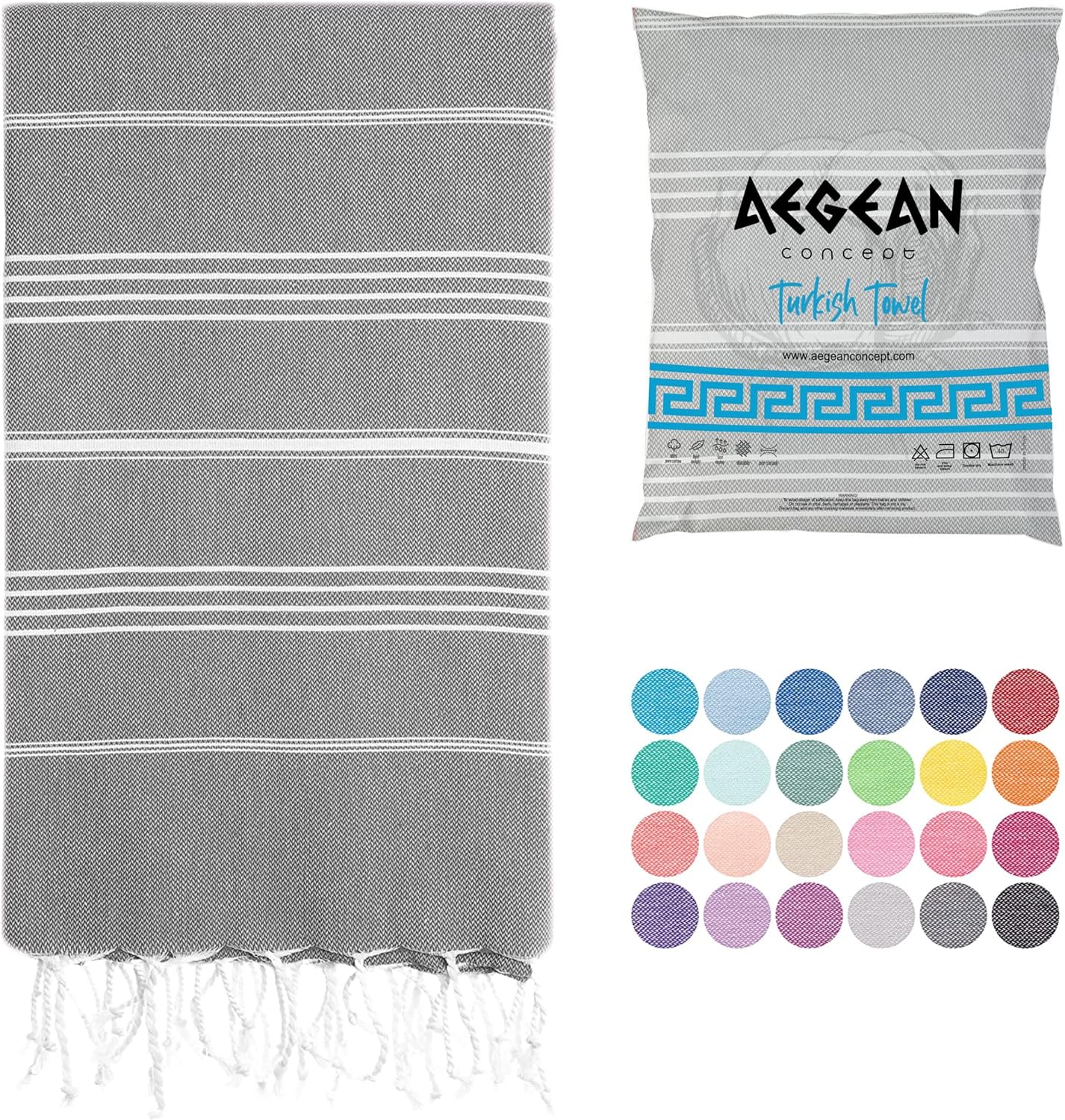 Aegean Concept Turkish Beach Towel 37x77 Inches Soft Quick Dry Packable Anthracite