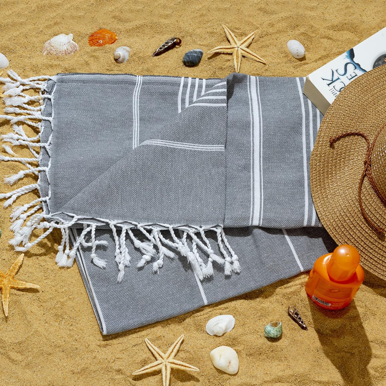 Aegean Concept Turkish Beach Towel 37x77 Inches Soft Quick Dry Packable Anthracite